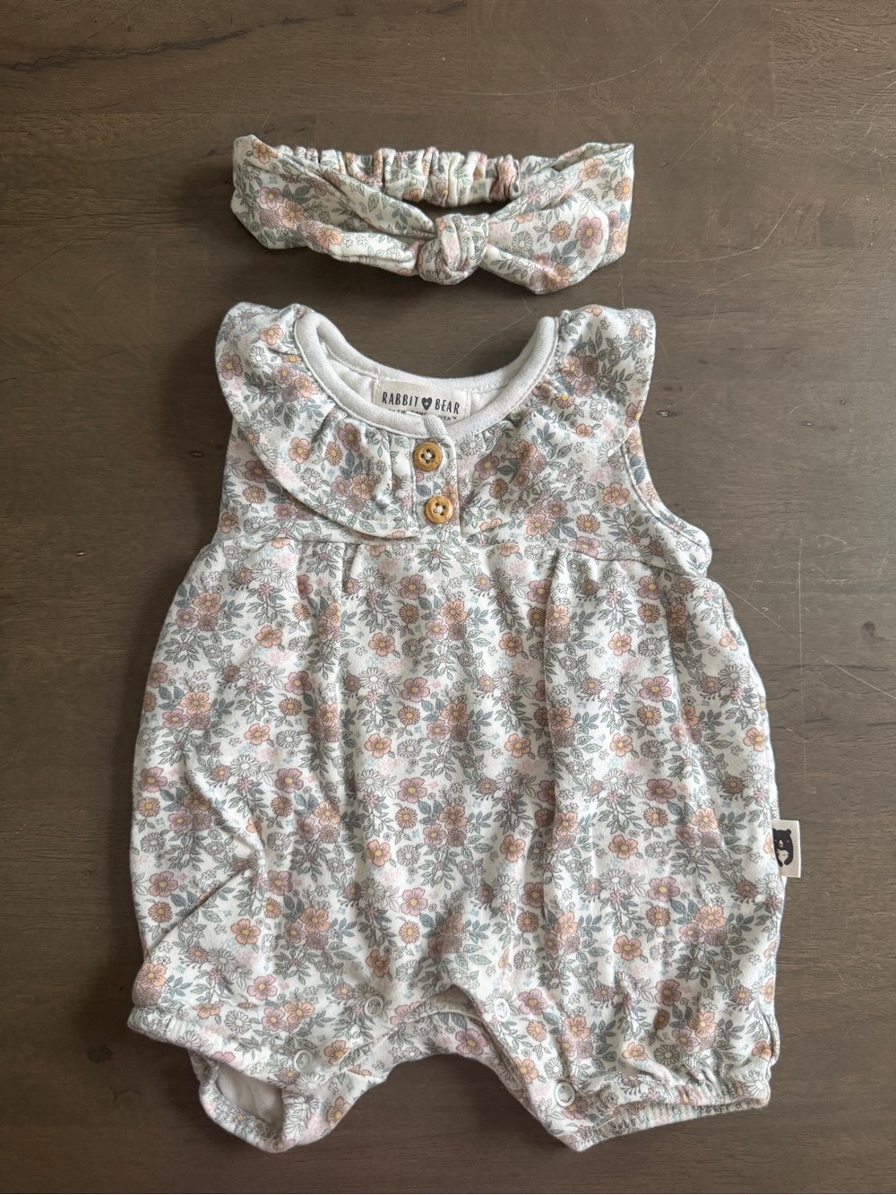 Rabbit & Bear Baby Girls Boho Floral Knit Cotton Romper 1-Piece w/ Headband 0-3M